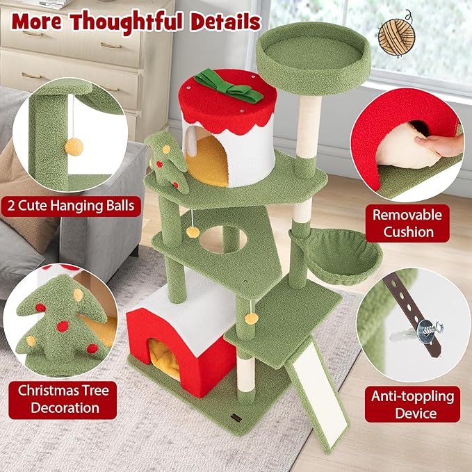 PETSITE 61 inch Cat Christmas Tree, Multi-Level Cat Tower with Sisal Scratching Posts, 2 Cat Condos, Basket Bed, Sisal Covered Ladder, Cute Cat Tree for Indoor Cats