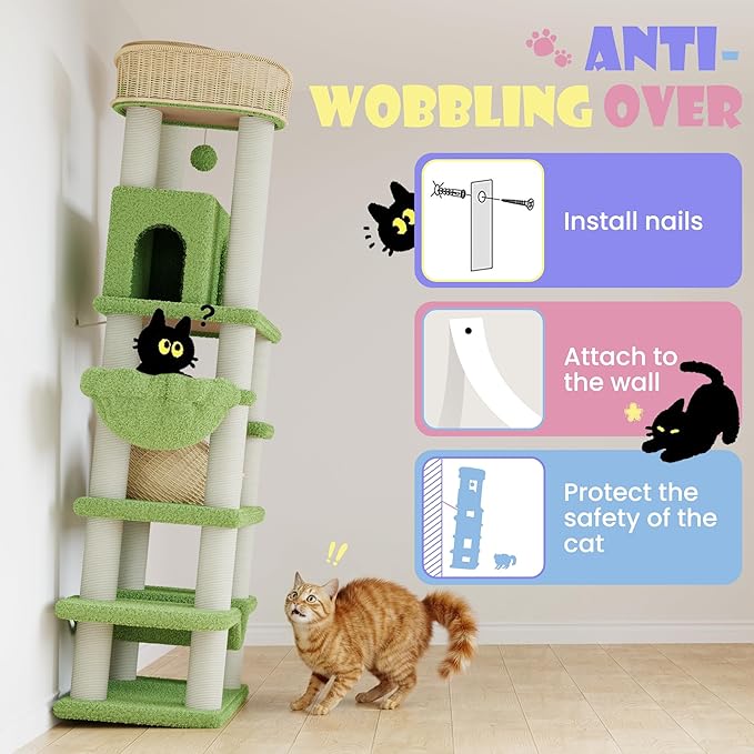 SHA CERLIN 82" Handmade Rattan Cat Tree Tower, Multi-Level Activity Center with Sisal Scratching Posts, Plush Condo, Wicker Perches & Hammock, Large Indoor Cat Playground, Green