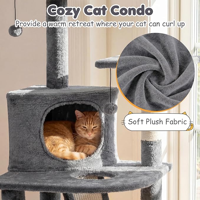 Tangkula Corner Cat Tree, Multi-Level Cat Tower with Top Perches & Cozy Condo, Natural Sisal Scratching Posts & Climbing Ladder, Playful Cat Hole & Hanging Balls, Climbing Play Center (Light Gray)