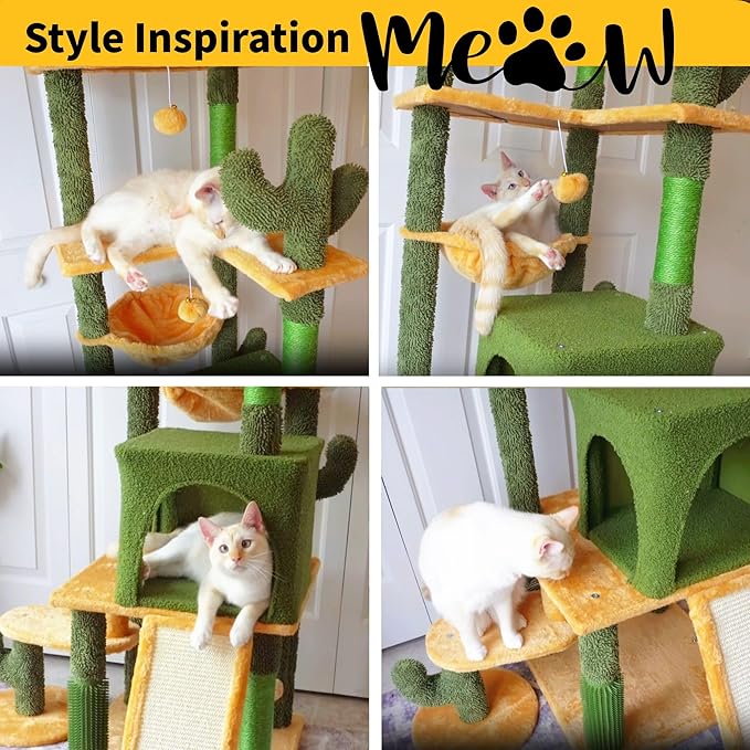 DWVO Cactus Cat Tree for Large Cats: 60" Tall with Self-Grooming Brush, Cute Kitten Climbing Tower for Indoor Kittens with Cat Condo, Top Perch, Basktet, Sisal Scratching Posts, Dangling Ball