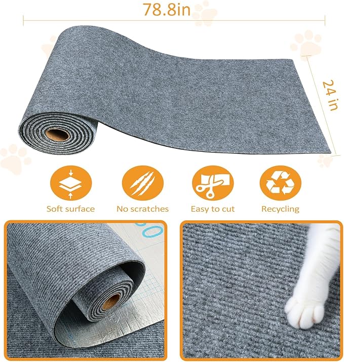 ReWallpaper Cat Scratch Pad Large Sisal Textured Grey Cuttable Carpet Roll for Wall Window Sill Bedside Floor Area Furniture Covering Durable Cat Scratching Mat Self Adhesive Pet Claw Guard 24inx6.5ft