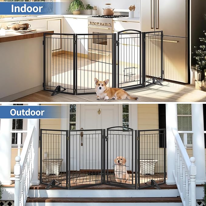 Full Metal Freestanding Dog Gate with Cat Door for Outdoor&Indoor,32" Tall Foldable Dog Fence,80" Extra Wide Freestanding Pet Gate for Large Openings,Stairs,Deck,Yard,Doorways(4 Panels,Black)