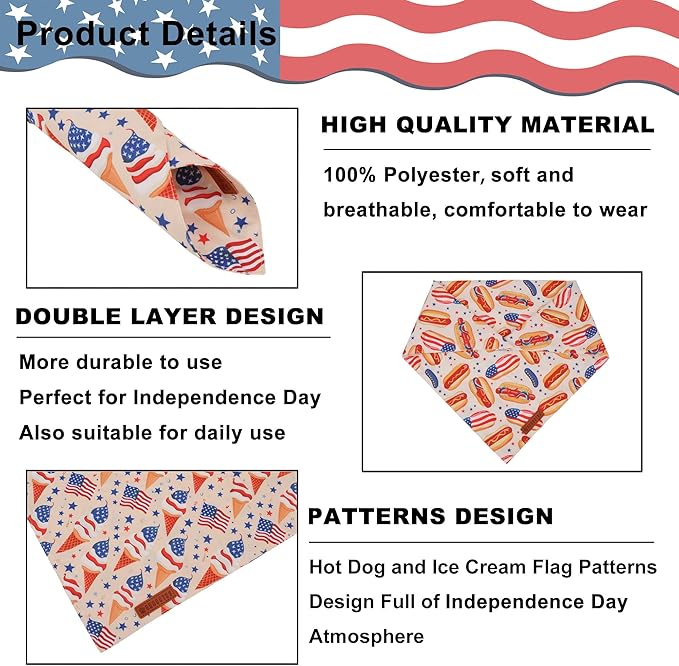 ADOGGYGO American Flag Dog Bandana, Ice Cream Hamburg Flag Pet Scarf, Premium Durable Fabric, Patriotic 4th of July Bandanas for Small Dogs Pets (Small)