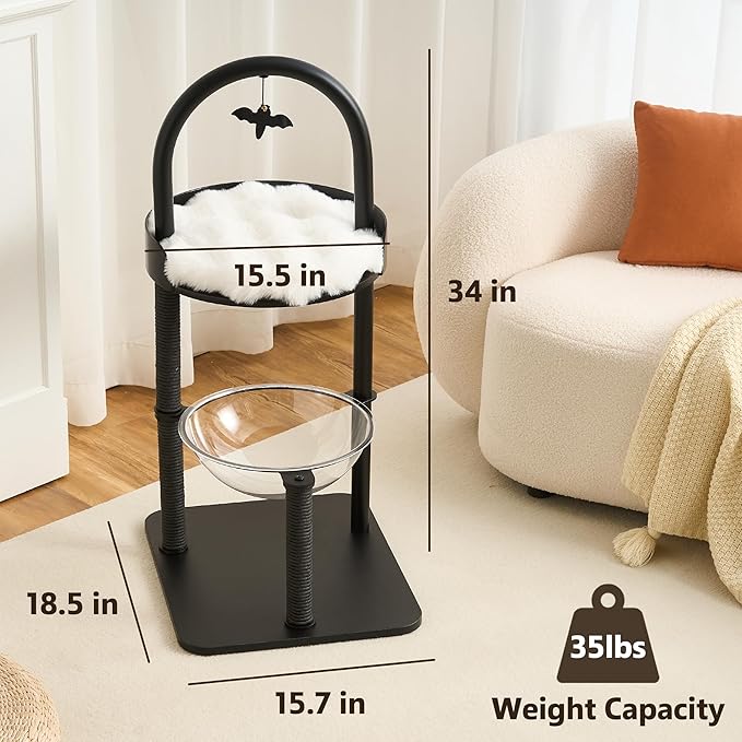 34" Modern Cat Tree Furniture, Minimalist Metal Frame Cat Tower with Wood Platforms, Washable Cushion & Scratching Post, Stylish Cat Condo for Indoor Cats, Classic Black