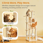 Modern Cat Tree - 64 inch Cat Tower for Indoor Cats, Multi-Level Cat Condo with 7 Fully Wrapped Scratching Posts, 2 Perches, Hammock, Removable Pad & Dangling Balls-Light Brown