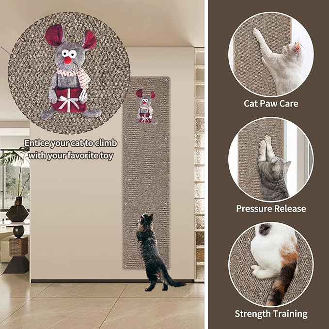 FHTONGE 71x15.8 Thickened Cat Wall Climbing Carpet with 16 Fixed Nails, Extra Large Tall Cat Scratch Pad for Wall, Wall Mounted Climbing Cat Scratcher for Furniture Couch Sofa Protector(Choc Brown)