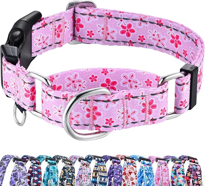Reflective Martingale Collar for Dogs with Quick Release Buckle Cute Girl Female Flower Dog Collars (Pink Floral, Medium)