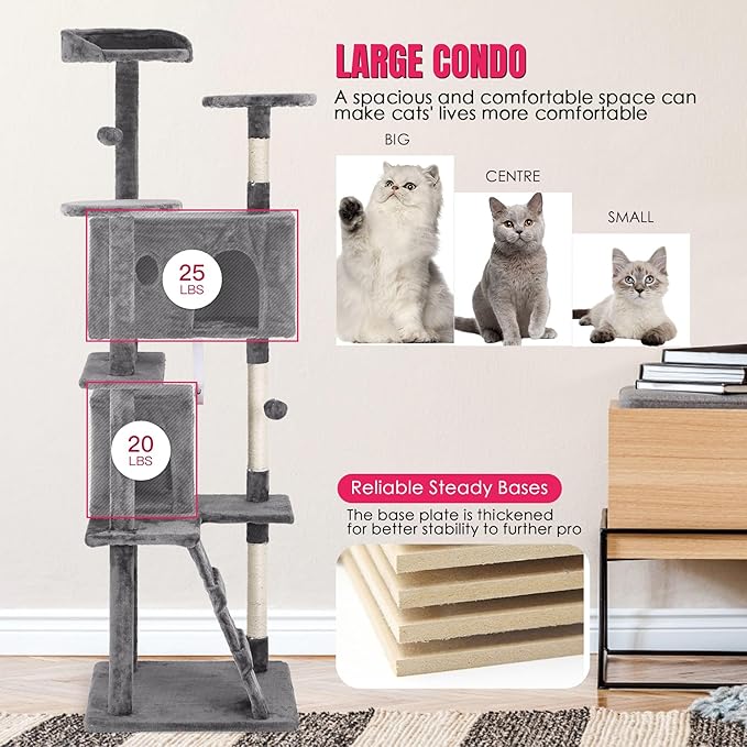 24/7 Shop at Home Court 70 inch Multi-Level Cute Cat Tree Tower with Dangling Ball and Scratching Posts for Indoor Cats Adults, Kitten Supplies, Pet House, Light Gray