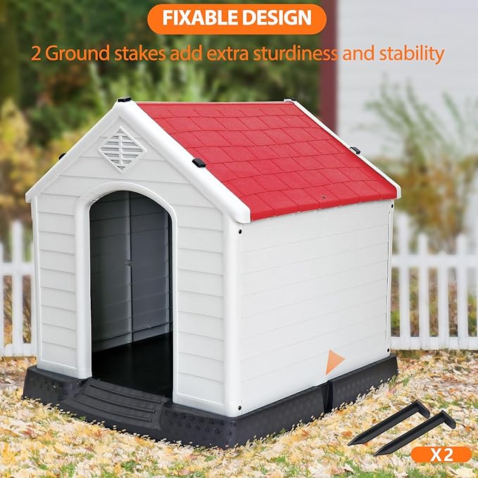 ZENY Plastic Dog House - Waterproof Dog Kennel with Air Vents and Elevated Floor All Weather Indoor Outdoor Insulated Doghouse Puppy Shelter, Easy to Assemble (Red, 28inch)