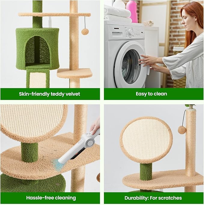 Erinnyees 57" Multi-Level Cat Tower with Hammock, Coconut Cat Tree with Green Leaves, Plush Cat House with Hang Ball Toy and Sisal Scratching Posts Furniture, Green