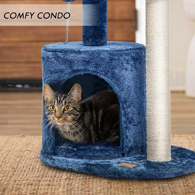 ClevaHome 33.5" Small Cat Tree Tower for Indoor Cats, Modern Kitten Condo with Sisal Scratching Post and Hanging Ball for Play, Denim Blue
