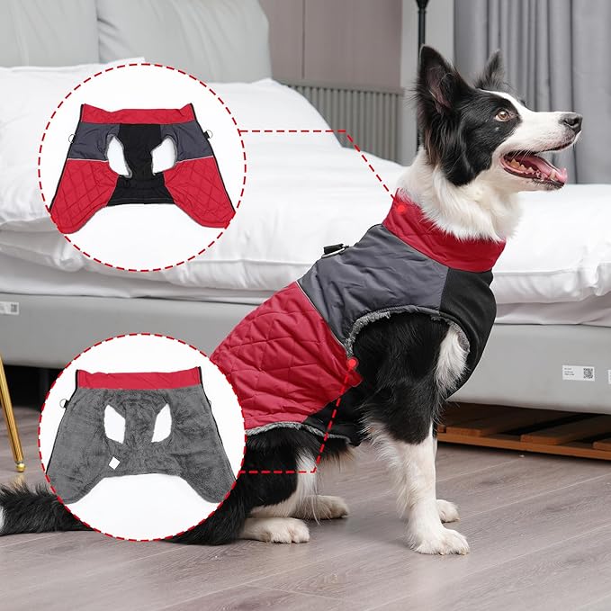 Warm Fleece Dog Coats for Medium Dogs,D-Rings Waterproof Puppy Jacket for Cold Winter,Red L