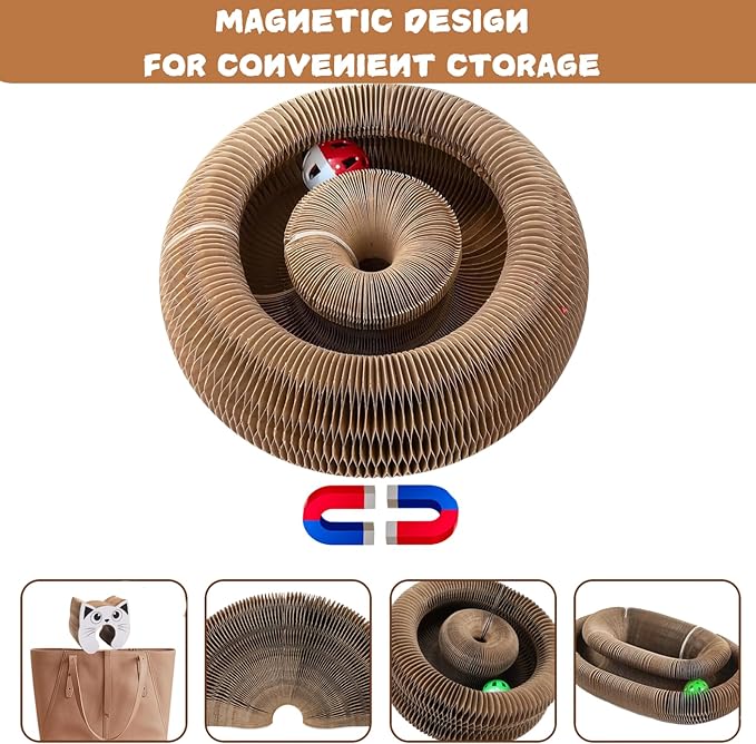 Kitty Kurlz Cat Toy, Magic Organ Cat Scratch Board, Compact Cats Accordion Toy, Foldable Interactive Cardboard Cat Scratcher Pad Toys with 1 Bell Balls for Indoor Cats