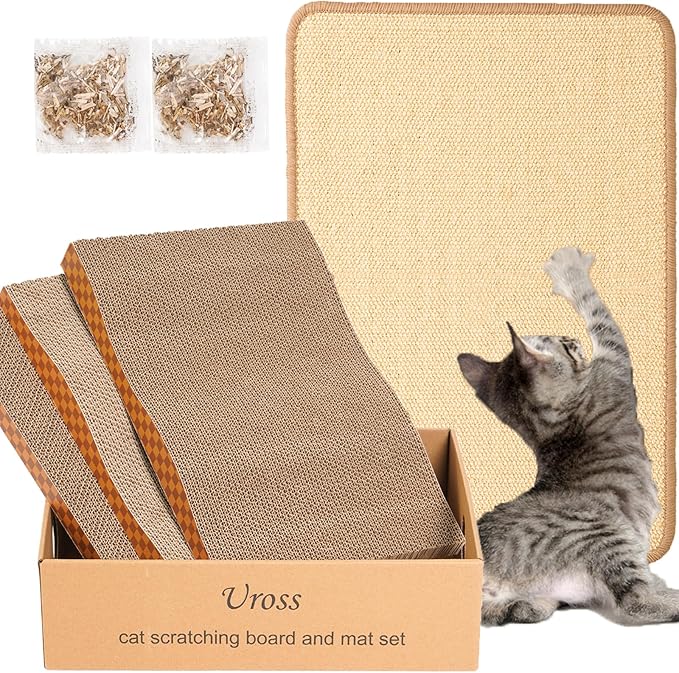 Uross Cat Scratcher Mat & 3pcs Scratching Board Set - Natural Sisal Cat Scratch Mats Large Cat Scratch Rug Scratch Pads Box for Indoor Cats Scratch Pad for Horizontal Cat Scratcher