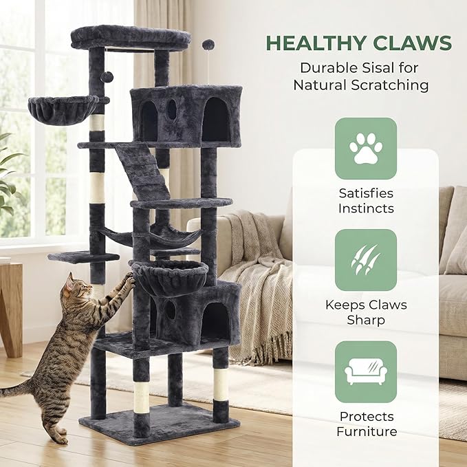 74" Heavy Duty Cat Tree for Indoor Cats, Sturdy Cat Tower for Large Cats Adult, Big Cat Tree with 6 Sisal Scratching Posts, 2 Big Condos, 2 Dual-Ear Hanging Baskets, Enlarged Top Perch, Dark Grey