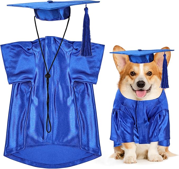 Dog Graduation Cap and Gown, Dogs Cats Graduation Holiday Halloween Costume Accessory(Blue,Medium)