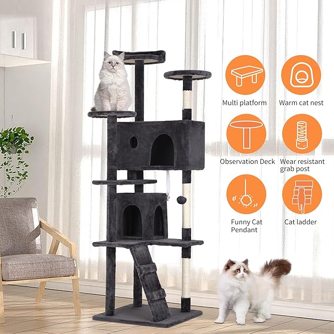 Heavy Duty Cat Tree, 70 Inch Tall Tower With 3 Top Perches Platforms & 2 Cozy Condos, Climbing Tower With Ladders & Sisal Pole, Scratching Tree for Large Cats Play House, Grey