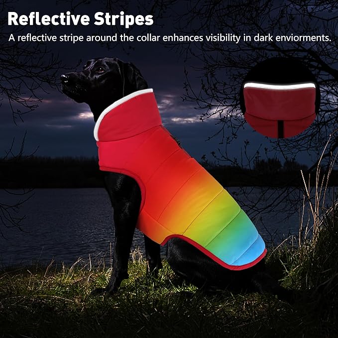 Dog Winter Coat, Waterproof Dog Jacket with Leash Hole, Reflective Adjustable Pet Snow Vest, Warm Fleece Sweater for Small Medium Large Dogs - Rainbow, XL