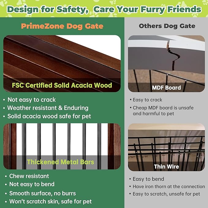 PrimeZone 96" Wide Dog Gate with Door - 30" Tall 4-Panel Solid Acacia Wooden Freestanding Puppy Gates, Foldable Indoor Pet Fence for Doorways, Stairs, Support Feet Included, Brown
