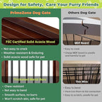 PrimeZone 144" Extra Wide Dog Gate - 36" Tall 6-Panel Solid Acacia Wooden Freestanding Puppy Gates with Door, Foldable Indoor Pet Fence for Doorways, Stairs, Support Feet Included, Brown