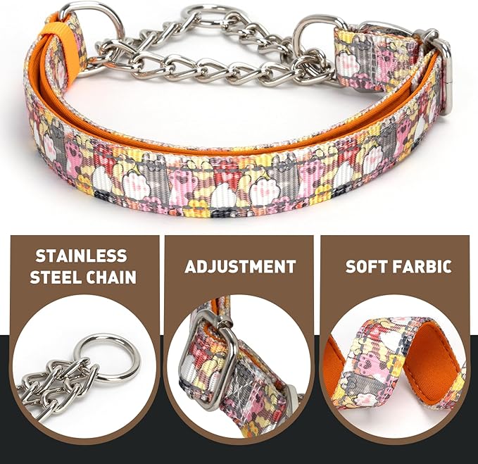 No-Pull Martingale Dog Collar with Chain - Adjustable Anti Pull Training Collar, Safe Choker Control Limited Slip Walking Training Dog Collars （Cute Dog Paw Print Large）
