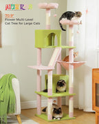 Flower Cat Tree, 70.9" Tall Tree for Indoor Cats, Large Tree for Large Cats, Multi-Level Tower with 6 Scratching Posts, 2 Condos, 2 Perches, Hammock, Pompoms, Pink