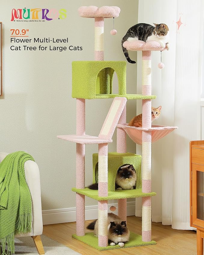 Flower Cat Tree, 70.9" Tall Tree for Indoor Cats, Large Tree for Large Cats, Multi-Level Tower with 6 Scratching Posts, 2 Condos, 2 Perches, Hammock, Pompoms, Pink
