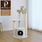 PetPals 4-Level Multi-Activity Cat Tree with Base Condo,Handwoven Paper Rope Top Nest Bed, Replaceable Sisal Scratching Posts,Teaser Toy (Cream and Beige)