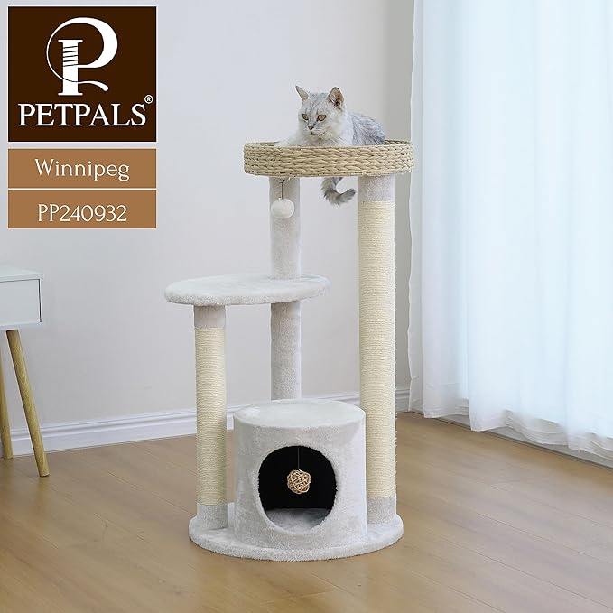 PetPals 4-Level Multi-Activity Cat Tree with Base Condo,Handwoven Paper Rope Top Nest Bed, Replaceable Sisal Scratching Posts,Teaser Toy (Cream and Beige)