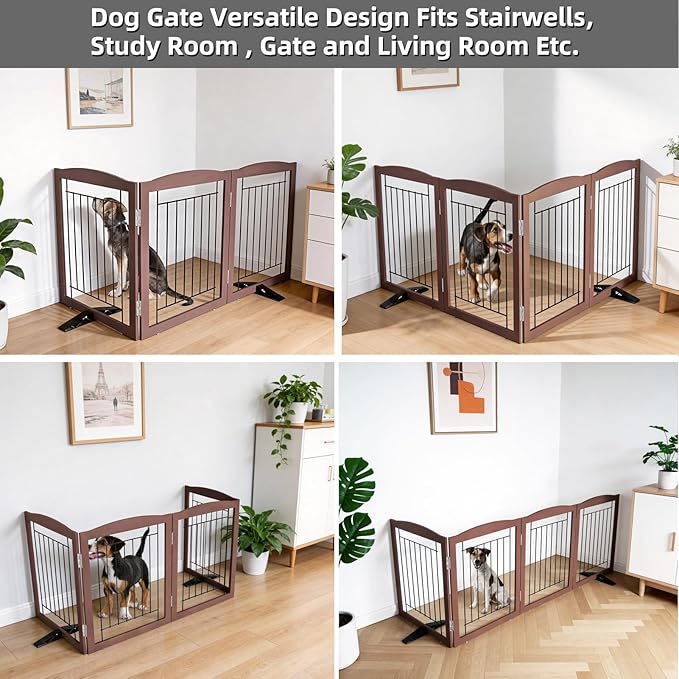 ZJSF Freestanding Dog Fence Indoor, Foldable Dog Gate for Doorways, Stairs or Hallways, Sturdy Wood Extra Wide Pet Gate with Support Feet for The House, Brown, 32 "Height-3 Panels