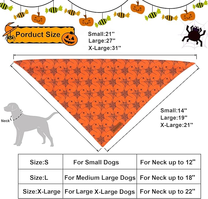 ADOGGYGO Halloween Dog Bandana, Spider Web Ghost Pet Scarf, Premium Durable Fabric, Orange Halloween Bandanas for Medium Large Dogs Pets (Large)