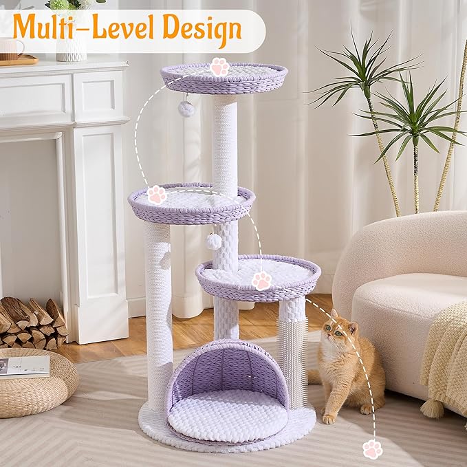HITTITE Modern Cat Tree Tower with Scratching Post, 46 Inches Tall Cat Towers with Woven Cat Nests and Cave, Multi-Level Cat Tree With Removable Cushions and Massage Brush for Indoor Cats Large Adult.