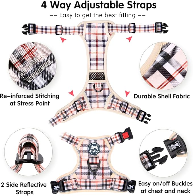 PoyPet Plaid Dog Harness, No Pull Front Clip Pet Vest Harness, Soft Padded Reflective Adjustable Walking Harness with Handle for Large Medium Small Dogs(Checkered Beige,S)
