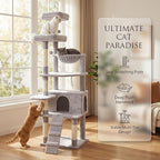 71" Tall Cat Tree for Indoor Cats, Multi-Level Cat Tower with Condo, Hammock & Top Perch, Sturdy Cat Activity Center with Scratching Posts, Soft Faux Fur Cat Furniture, Light Grey