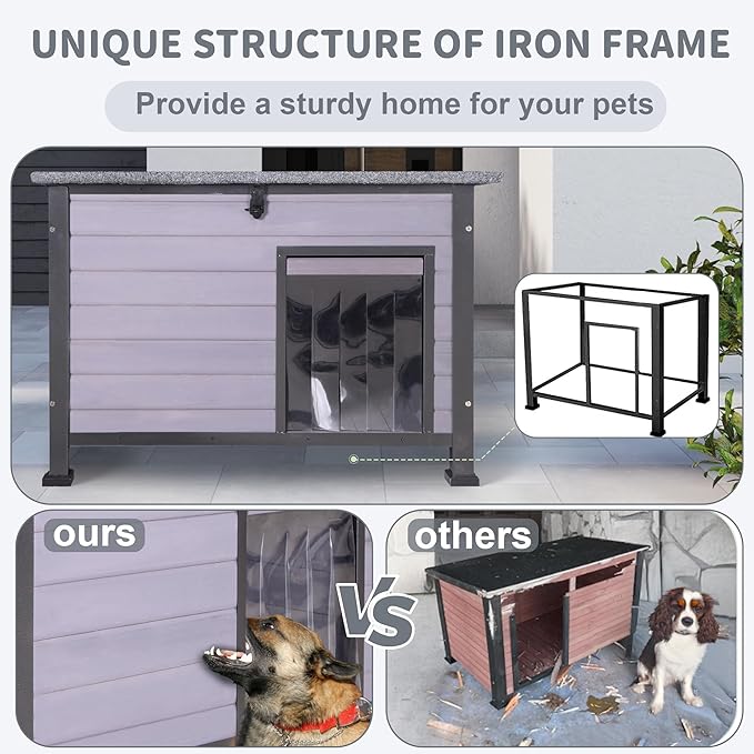 Dog House Outdoor Weatherproof, Sturdy Large Breed Doghouse Anti-Chewing Iron Frames Wood Houses, Dog Shelter for Indoor Puppies, Cats