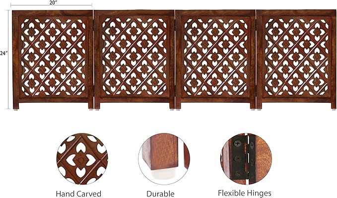 Wooden Foldable Pet Dog Safety Gate - 4 Panels Lattice 20 W x 24 H - Hand Carved Solid Wood & MDF - Free Standing Portable Indoor Doorway Hall Stairs Puppy Fence - Assembled - Antique Brown - IRONGATE