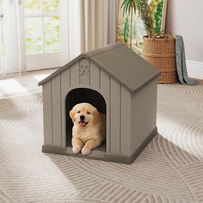 Small Dog House Indoor，Weatherproof Resin Outdoor Dog House with Elevated Floor and Air Vents, Medium Small Dog Kennel Outside (Light Grey, 26.26" L×24.57" W×25.83" H)