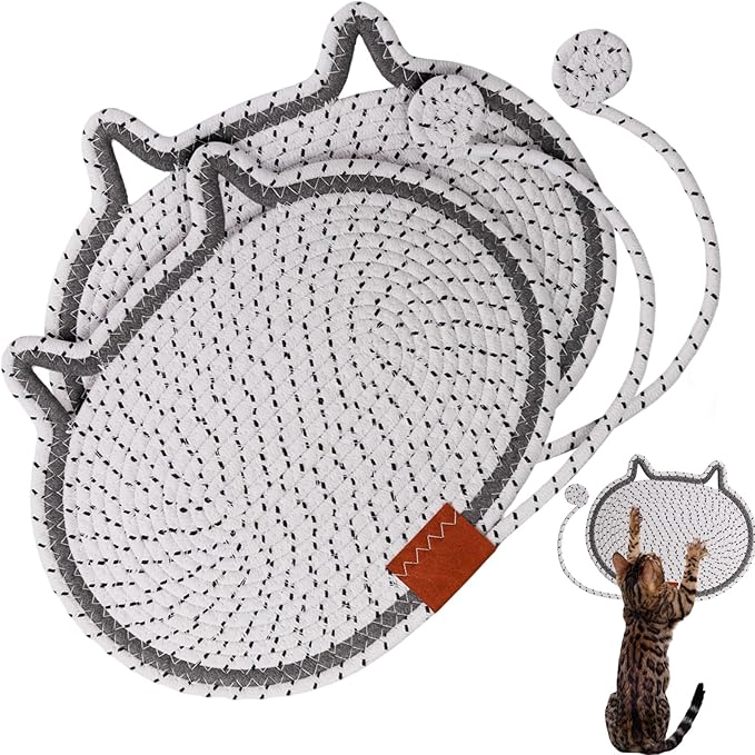 Cat Scratcher Mat Natural Cotton Rope Oval Horizontal Floor Cat Scratch Bed Pad with Ball Toy Protector for Furniture Floor Wall (White, 2 PC)