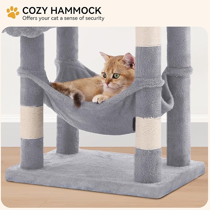 YITAHOME 44in Cat Tree Tower Indoor, Multi-Level Cat Condo with Scratching Posts, Cat Window Padded Plush Perch, Cozy Hammock, Funny Pompoms for Kittens Pet Play House, Light Gray