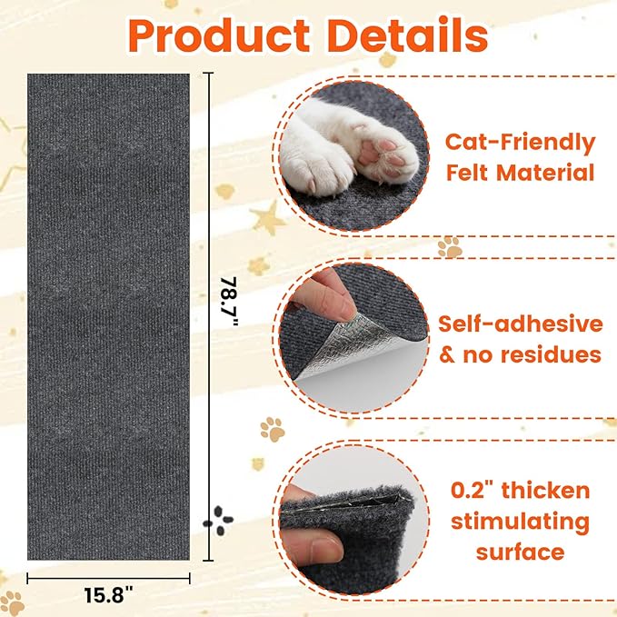 78.7"x15.8" Self-Adhesive cat Scratch pad - Trimmable Furniture Protector for Couch, Walls & Cat Trees | DIY Climbing Scratcher Pad with Twist Pins & Double-Sided Adhesives (Dark Grey)