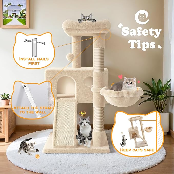 HOOMIC 36" Cat Tree for Indoor Cats, Multi-Level Cat Condo with Sisal Scratching Posts and Board, Cozy Hammock, Padded Plush Perch for Kittens, Beige