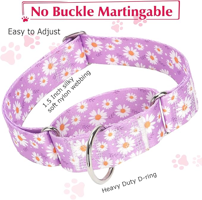 1.5 Inch Martingale Dog Collar - No Pull Daisy Design Nylon Training Collar for Medium, Large & XL Dogs | Heavy Duty Adjustable Choke-Free Collar for Large Breed Pets (Purple Daisy L