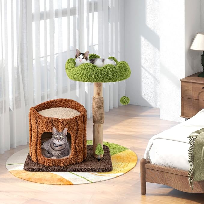 PETSITE 29 Inch Small Cat Tree for Indoor Cats, Modern Wooden Cute Cat Tree with Jute Scratching Post, Tree-Shaped Spring Toy, Teasing Hanging Ball and Teddy Fleece Covered Condo