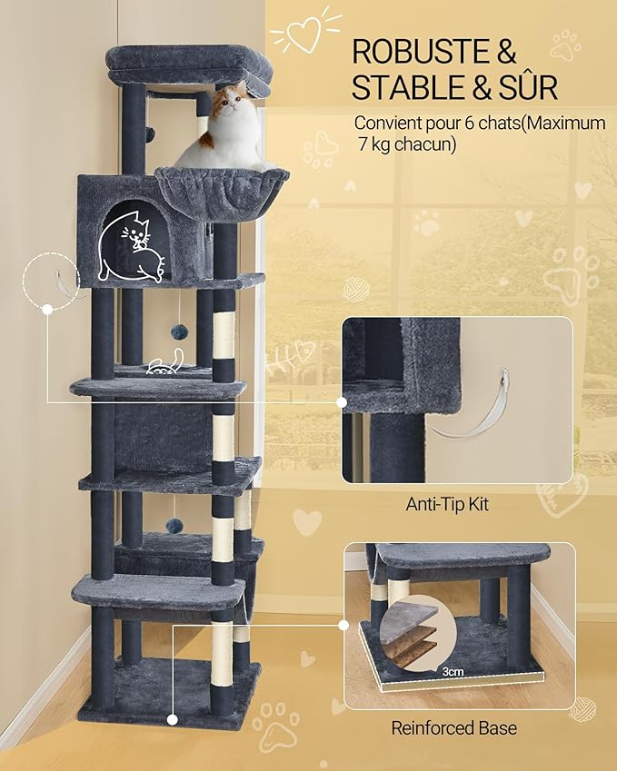 Cat Tree, 82.6" Large Cat Tower for Indoor Cats, Multi-Level Cat House with Condo, 8 Scratching Posts, Hammock, 4 Pom Poms, Dark Grey MS21018SG