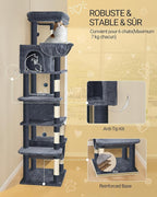 Cat Tree, 82.6" Large Cat Tower for Indoor Cats, Multi-Level Cat House with Condo, 8 Scratching Posts, Hammock, 4 Pom Poms, Dark Grey MS21018SG