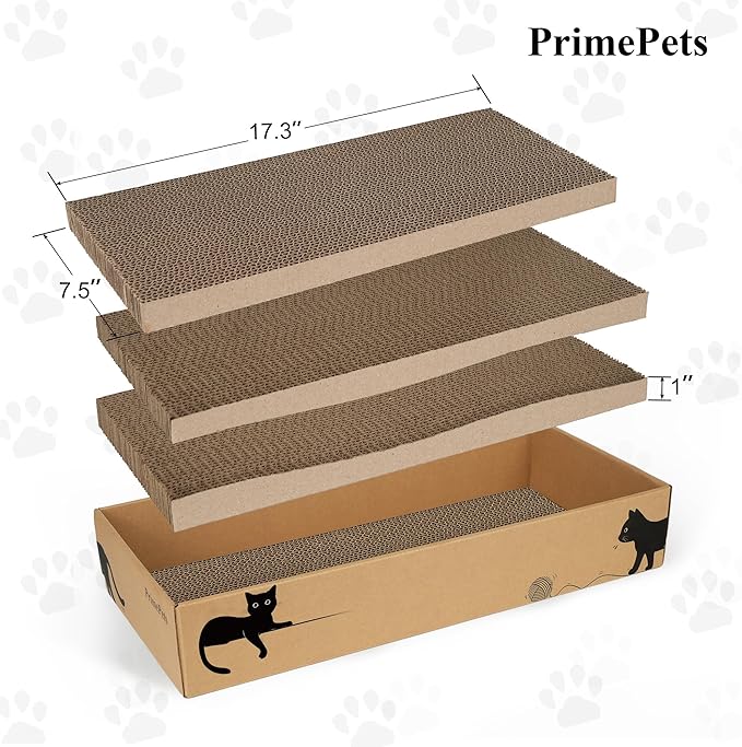 PrimePets 3-Pack Cat Scratcher Cardboard with Box, 17.3" Large Reversible Cat Scratching Pads for Indoor Cats, Heavy Duty Corrugated Cat Scratches Board, Furniture Protector for Large Cats & Kittens