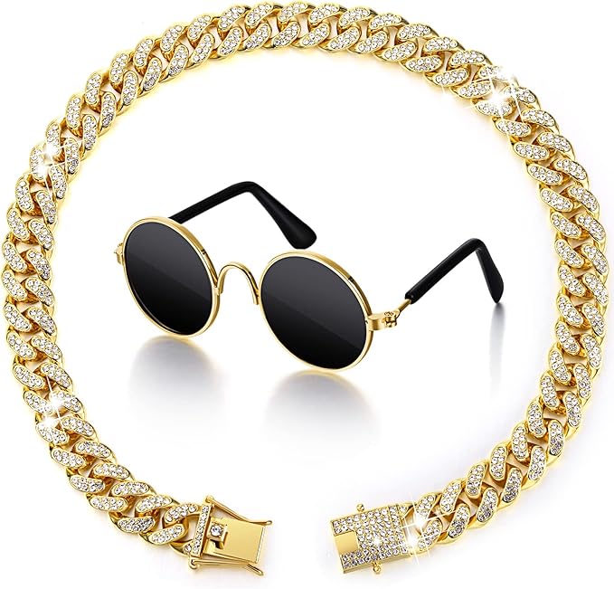 Xuniea 2 Pieces Cat Dog Chain Collar and Sunglasses Set Rhinestone Necklace with Secure Buckle Round Glasses for Doll Cat Dog Pet Accessories(16 Inch,Gold, Black)