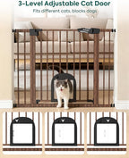 Babelio CatPrivilege Ⅲ Baby Gate with Cat Door, 29"-43" Adjustable Black Wood Pattern Pet Door, 30" Tall Pressure Mounted Safety Gate for Stairs & Doorways, Auto Close,Wall Protectors Included