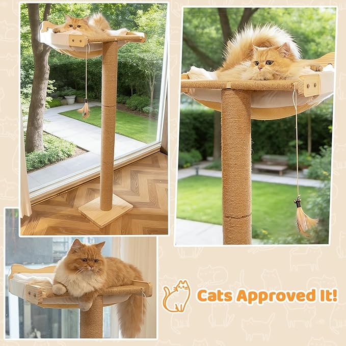 Cat Window Perch with Scratching Post, 46" Adjustable Tall Scratching Posts & Suction Cup – White Fluffy Cusion, Multi-Level Perch for Climbing, Bird Watching, Play, Supports 45 lbs (Drilling-Free)