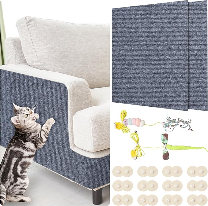 Cat Couch Scratch Protector with 2 Cat Teaser Toys - Adhesive Anti-Scratch Pad for Furniture, DIY Deterrent to Protect Couch from Claws, Indoor Use (Grey, 39.3x15.7 in)